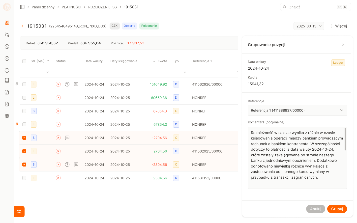 Projekt UI: grupowanie wybranych pozycji z referencją i komentarzem w bocznym panelu.